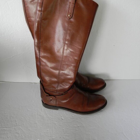 TORY BURCH DERBY TAN BROWN LEATHER RIDING BOOTS LOGO SZ 8M - Picture 4 of 8